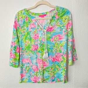 Lilly Pulitzer Cotton Modal Long Sleeve Top Flamingo Tassel Tropical Beach XXS